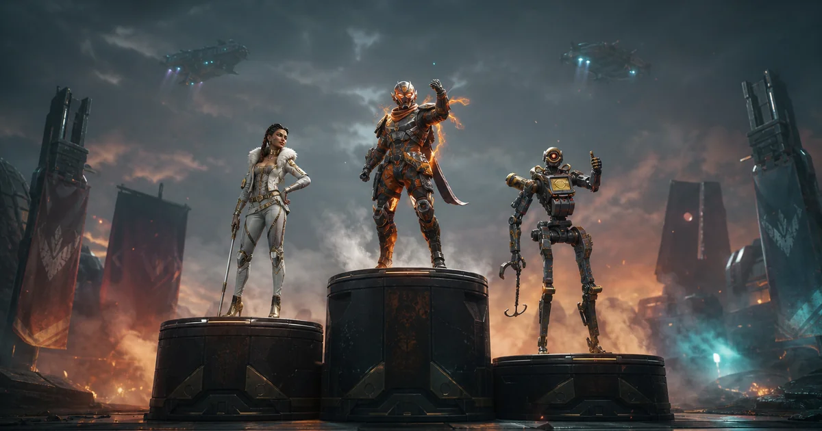 Apex Legends Season 30 Marked champion podium key art — top-three legends pedestal, Aug 31, 2026