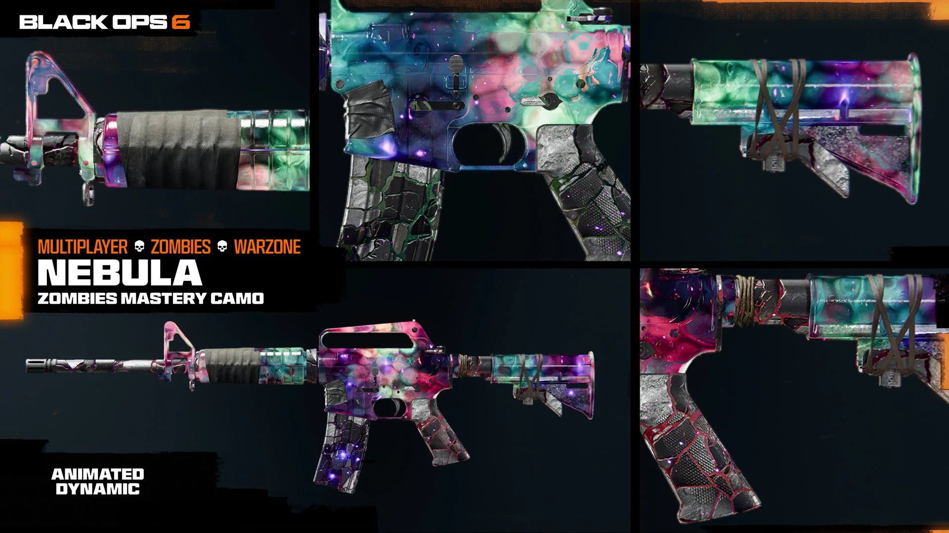 Black Ops 6 Zombies mastery camo Nebula on a weapon, official launch still.