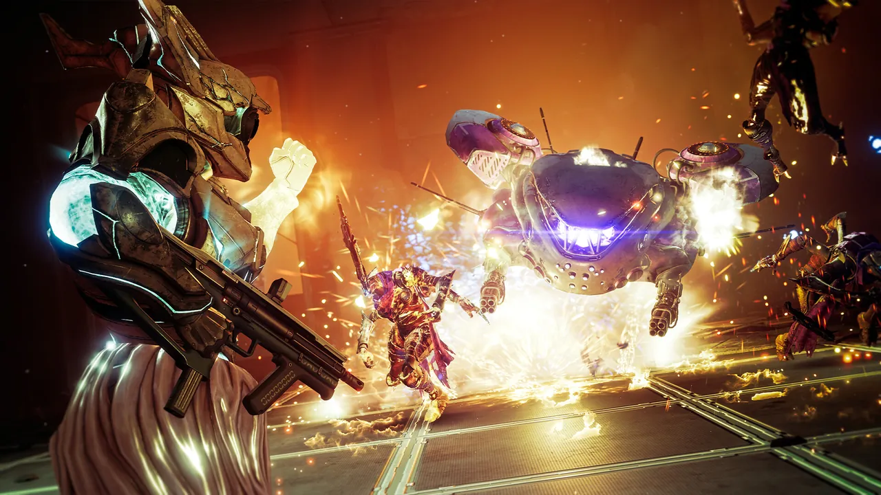 A Destiny 2 fireteam in a close-range fight