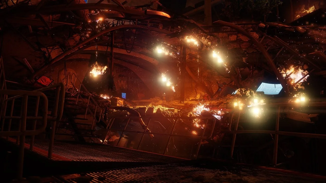 Homecoming, the opening mission of the Red War campaign, burning wreckage in the Tower hangar