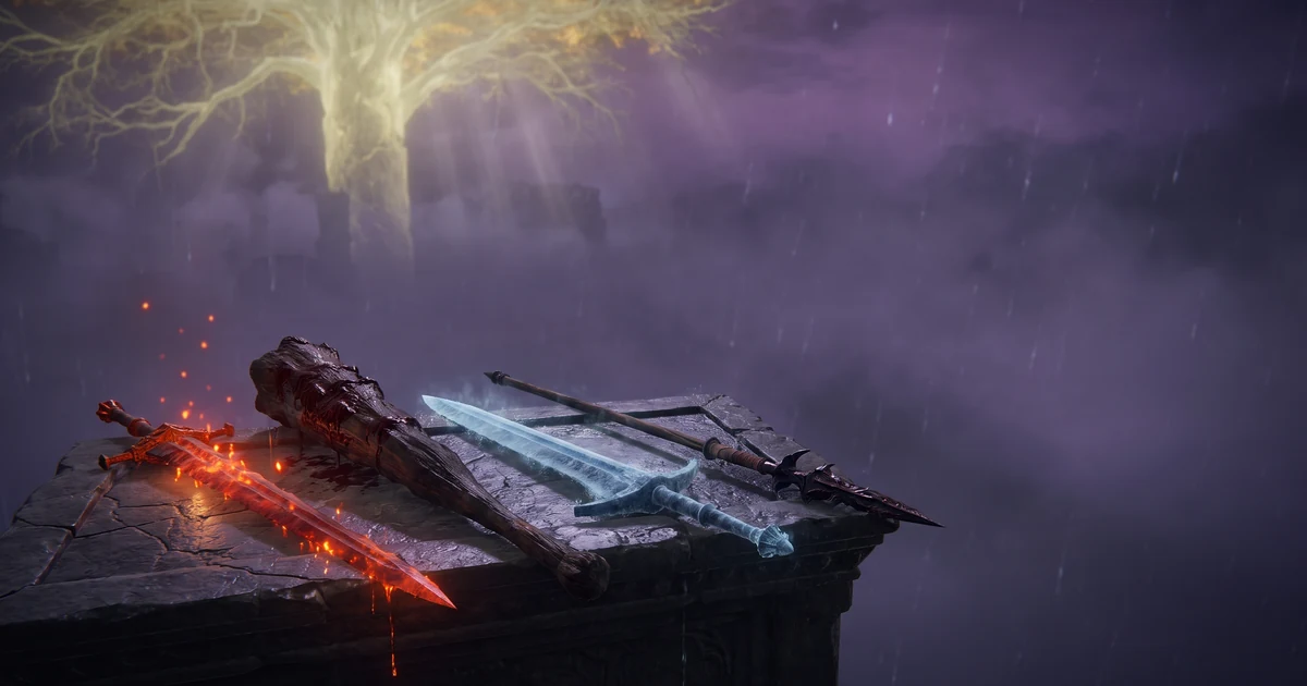 Elden Ring S-tier weapons on a stone altar under the Erdtree — Blasphemous Blade, Dark Moon Greatsword and Mohgwyn's Sacred Spear.
