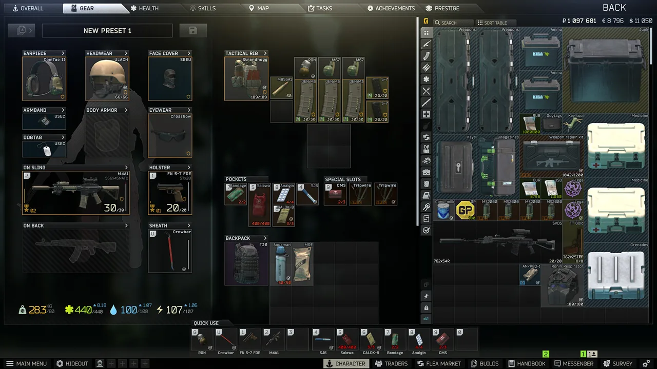 Tarkov character gear screen with the loadout on the left and the stash on the right