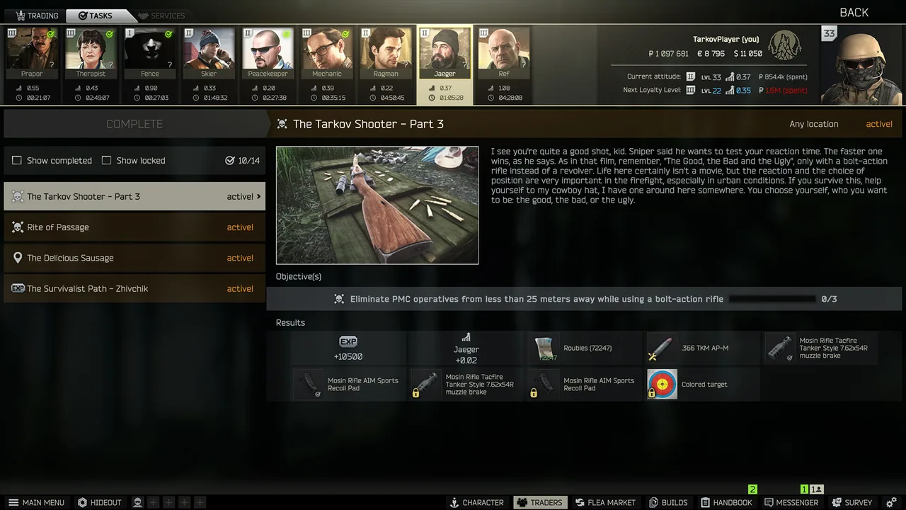 Tarkov trader task screen with active tasks and their rewards