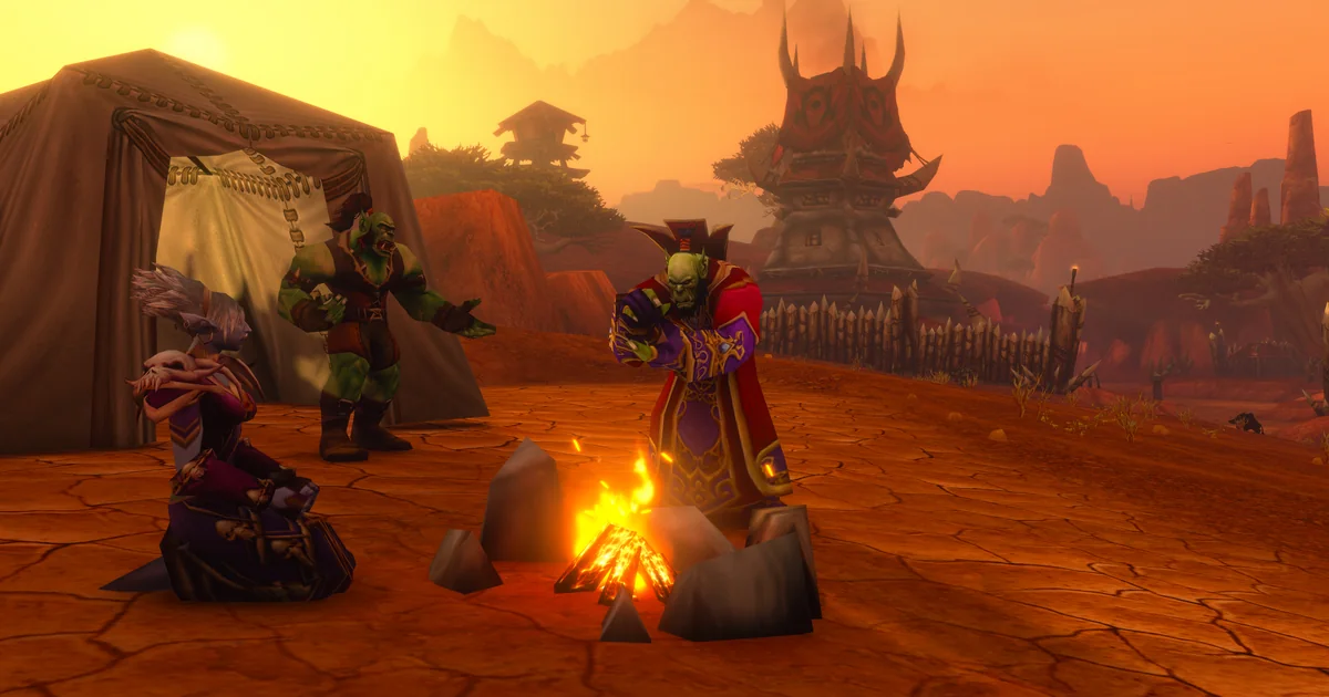 A Horde campsite at dusk in WoW Forever: an orc and a blood elf at a campfire beside a tent
