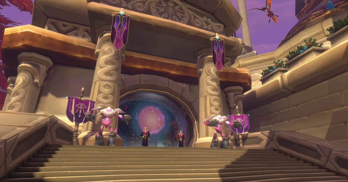 The gate of the City of Dalaran dungeon in WoW Forever, guarded by arcane constructs