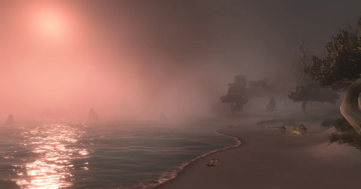 Darkshore in WoW Forever: a pink sun through thick mist over the beach and the sea
