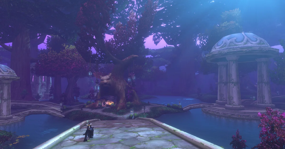 Darnassus in WoW Forever under the new lighting pass, purple dusk over the night elf terraces