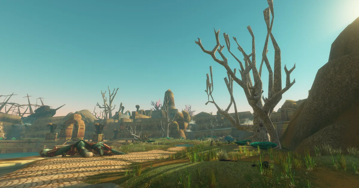 The Drowned City in WoW Forever, troll ruins risen from the sea off the Stranglethorn coast with a crashed ship