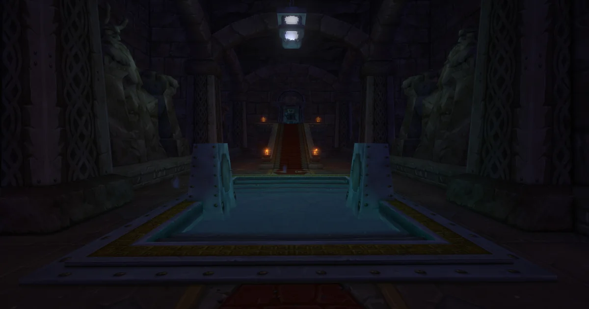 The Hall of Thanes in WoW Forever: a dwarven hall under Ironforge with a glowing pool and a red-carpet stair