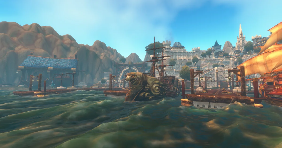 Stormwind Harbor in WoW Forever with the new water, the start of the new ship route to Auberdine