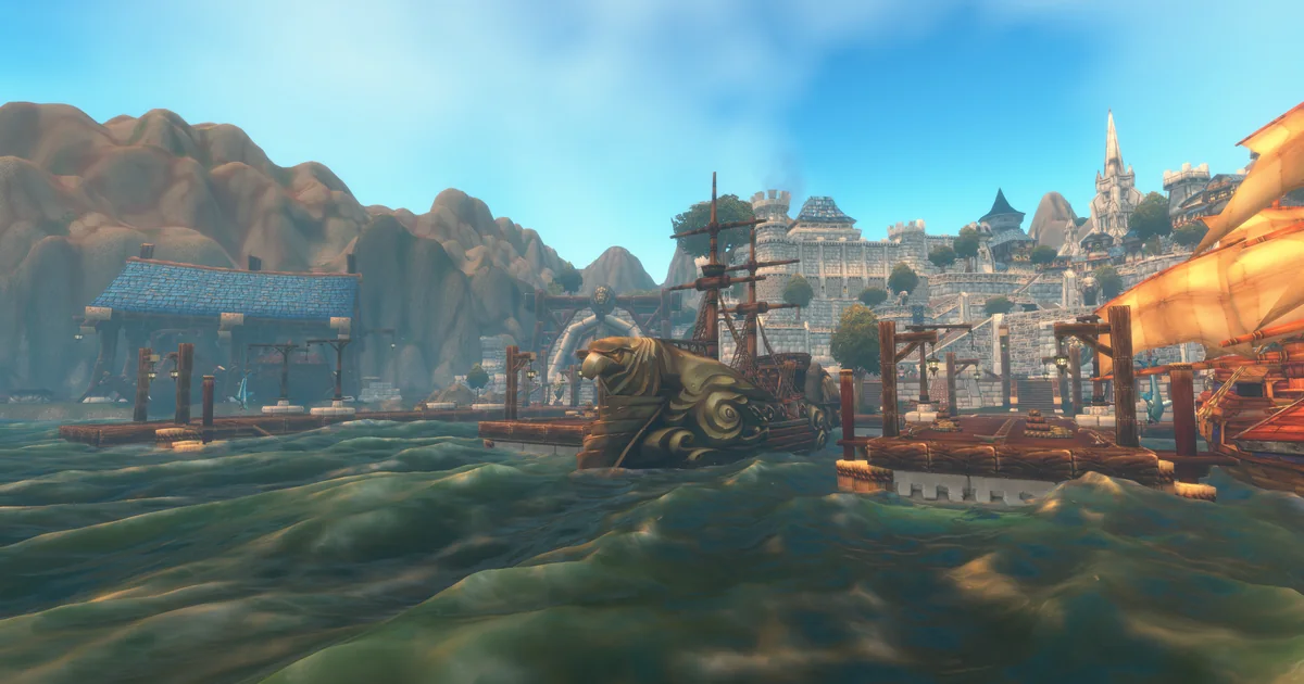 Stormwind Harbor in WoW Forever: a ship at the docks under the white city walls