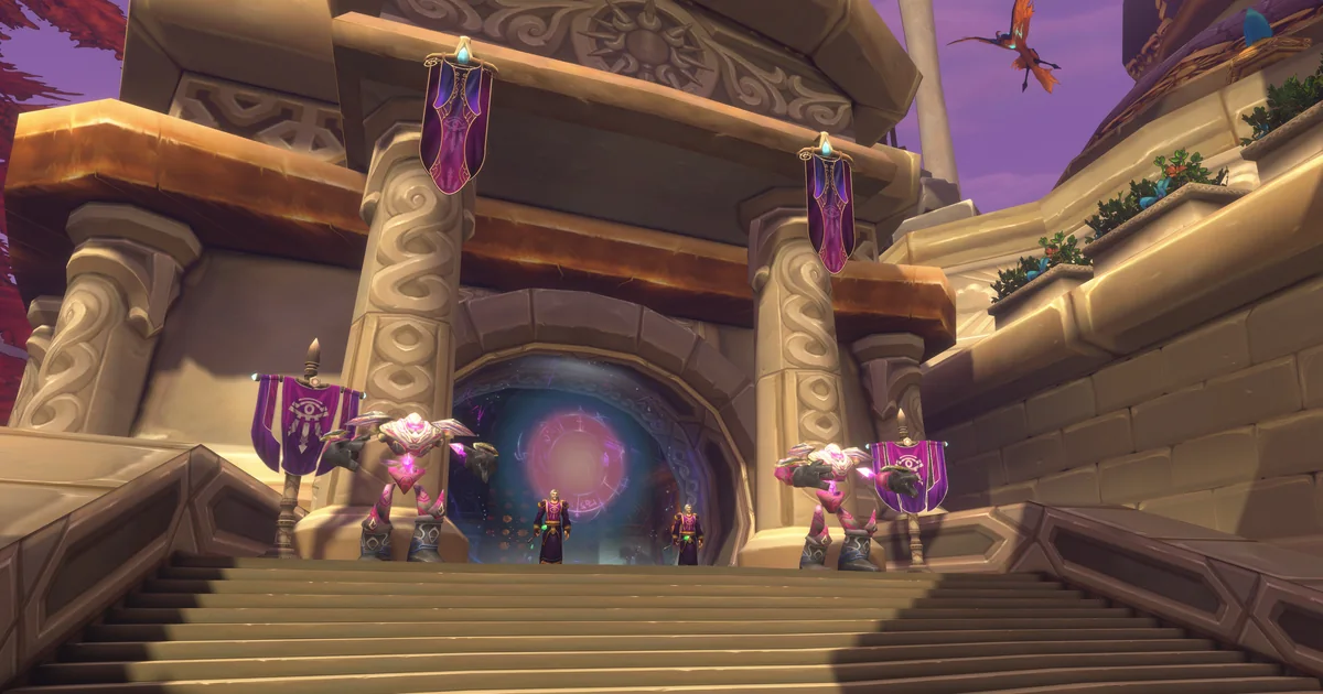 The entrance to the City of Dalaran dungeon in WoW Forever, a marble stair with banners and 2 arcane constructs