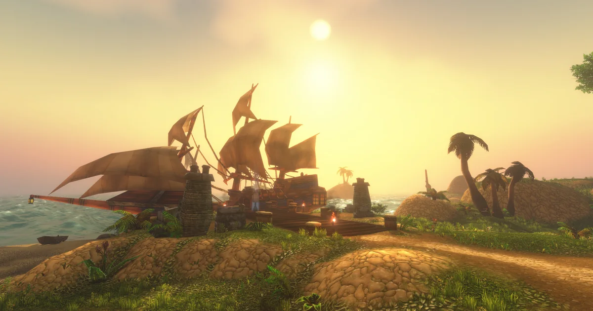Darkspear Islands in WoW Forever: a Horde ship moored at a sunlit island shore