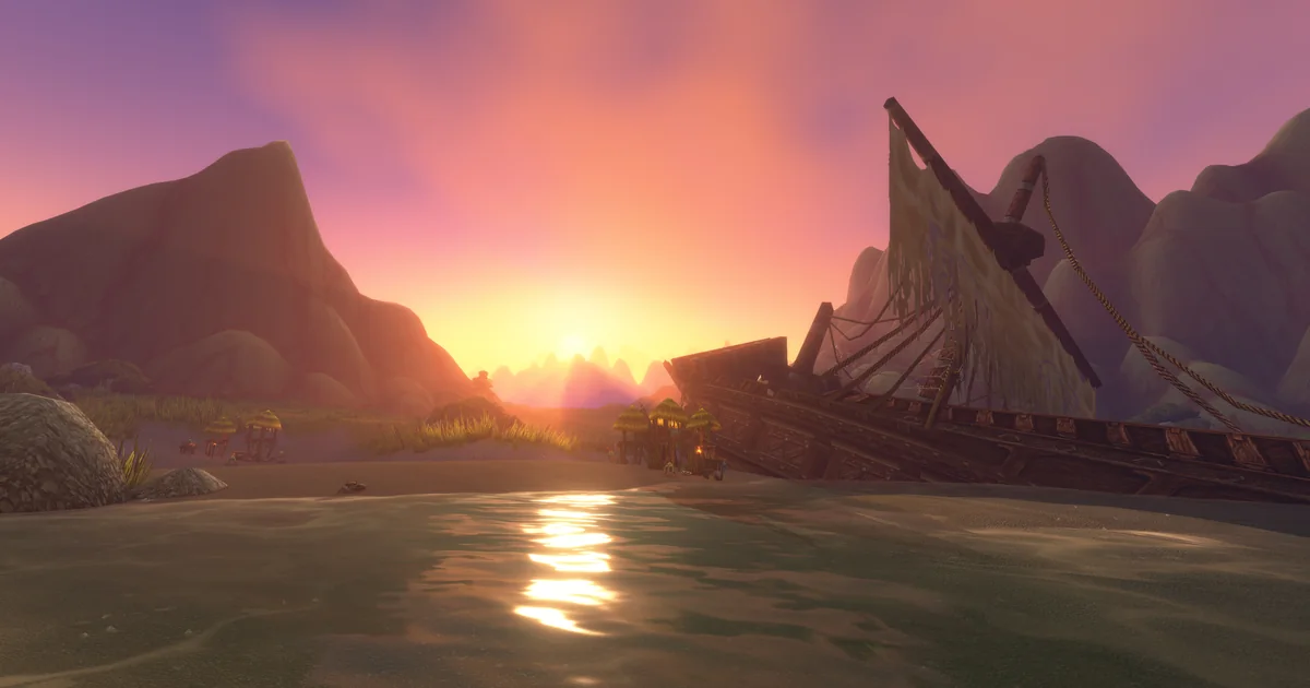The Riverglades in WoW Forever: a wrecked ship on a lake at sunset