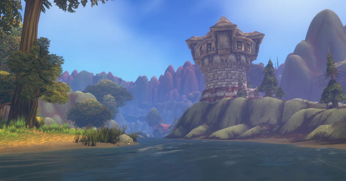 A watchtower on a river in the Riverglades, the new WoW Forever zone on the eastern coast of the Eastern Kingdoms