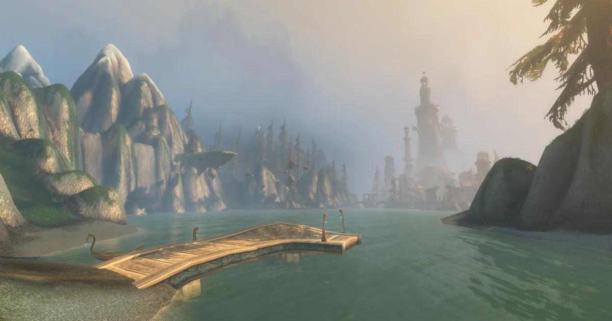 Zephras Isle in WoW Forever: a wooden bridge over a turquoise bay under white cliffs and a distant tower