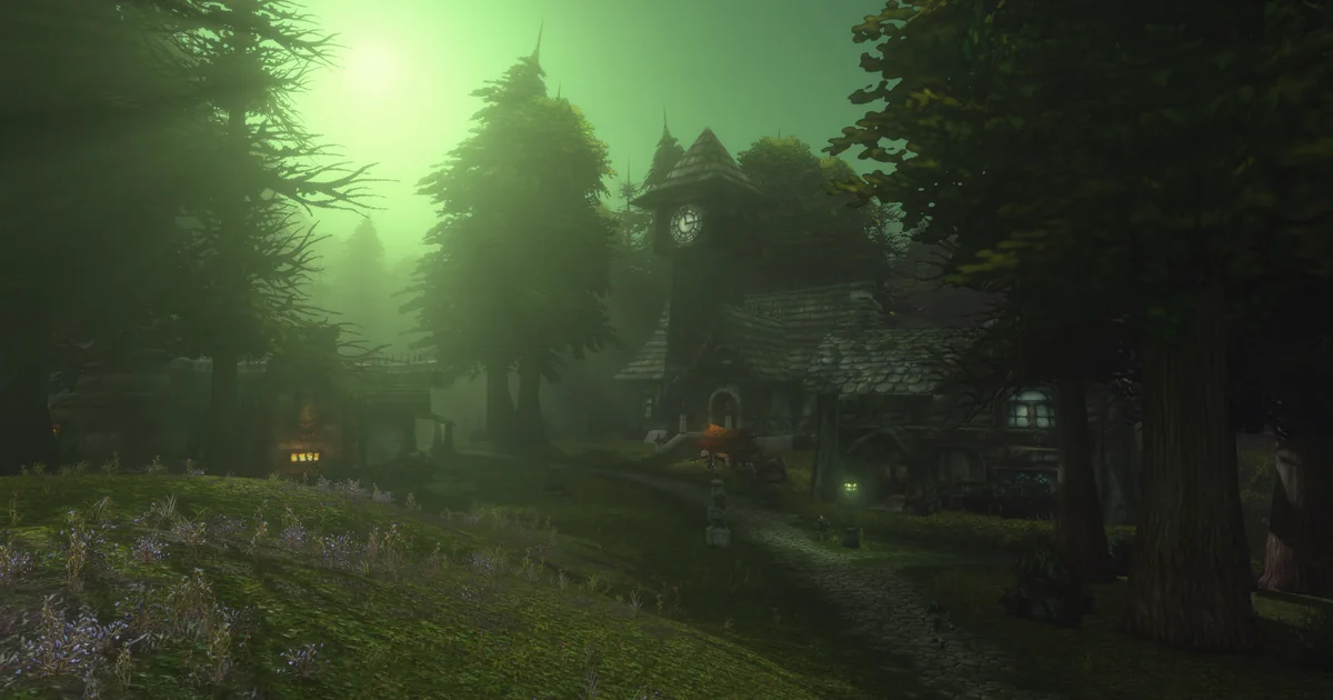 Tirisfal Glades in WoW Forever under the new lighting: a green sky over the Brill clock tower