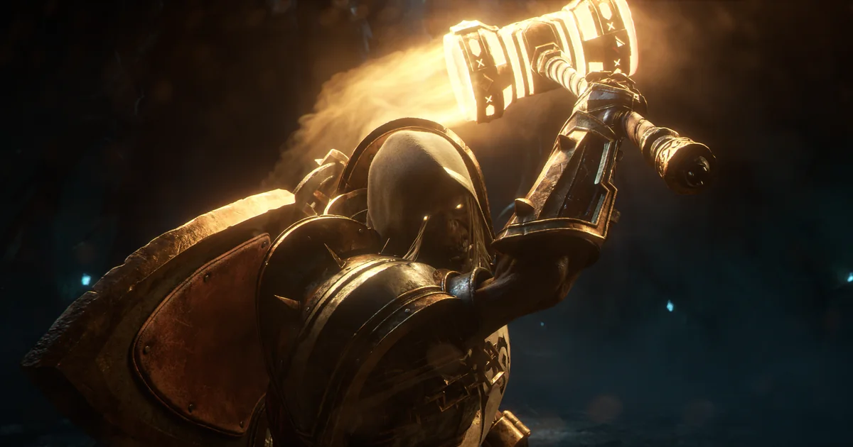 The Forsaken Paladin from the WoW Forever cinematic raising a glowing hammer, shield on his back