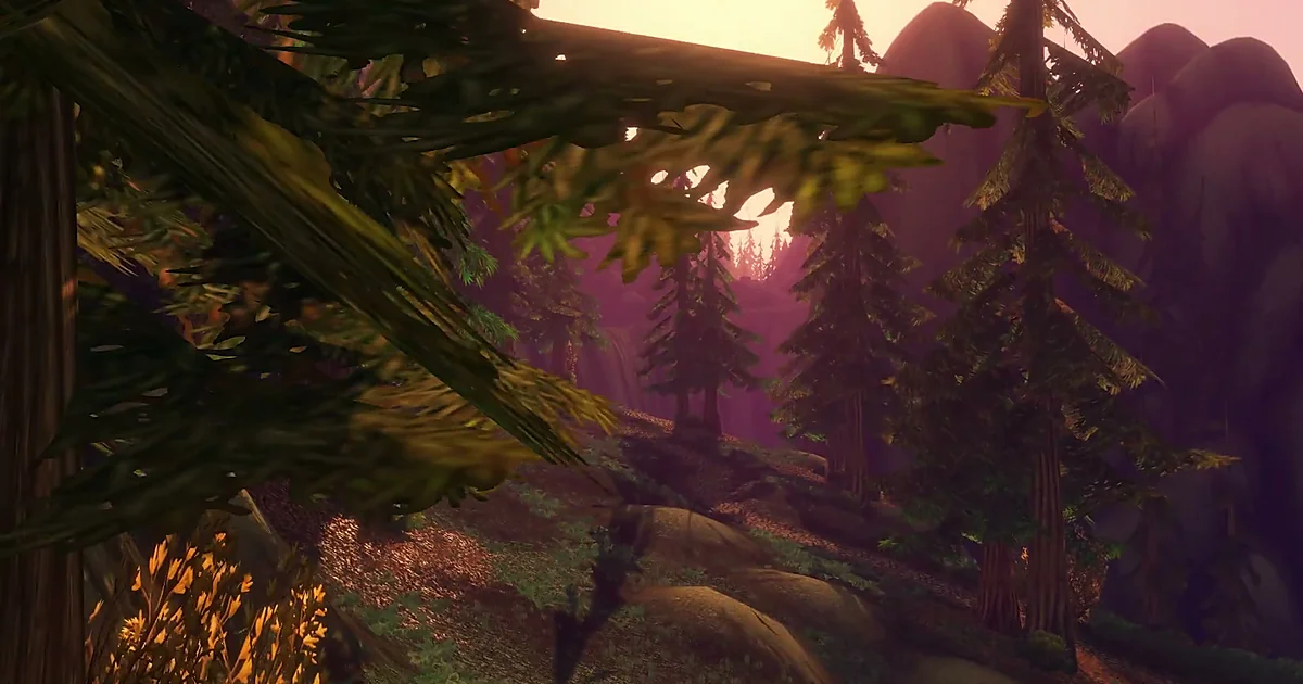 Beta screenshot shared by @Krelivane on X — volumetric fog and sky lighting at dusk in WoW Forever