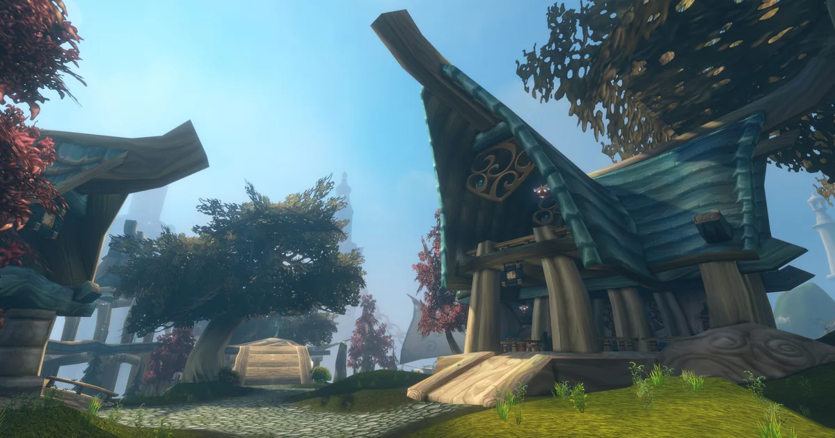 Zephras Isle in WoW Forever: Skyborne buildings with curved teal roofs among trees