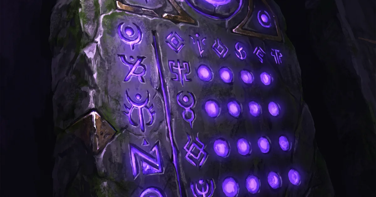 A runestone tablet lit in purple with rows of glowing talent-point sockets — WoW Forever class tier list