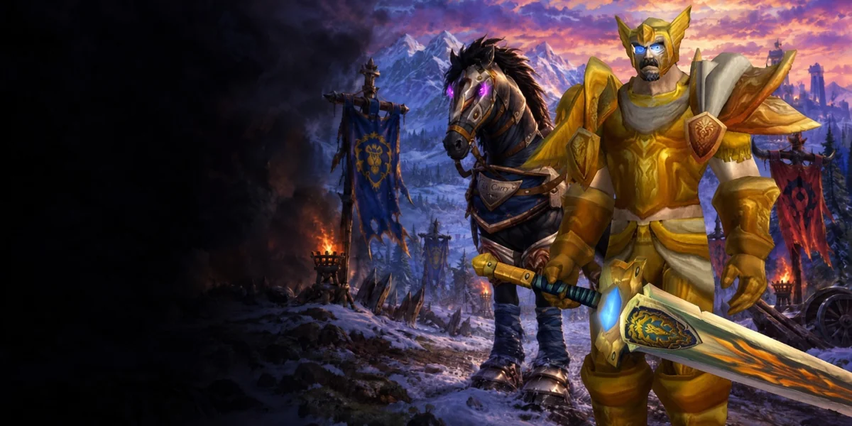 A Grand Marshal paladin beside his black war horse, WoW Forever