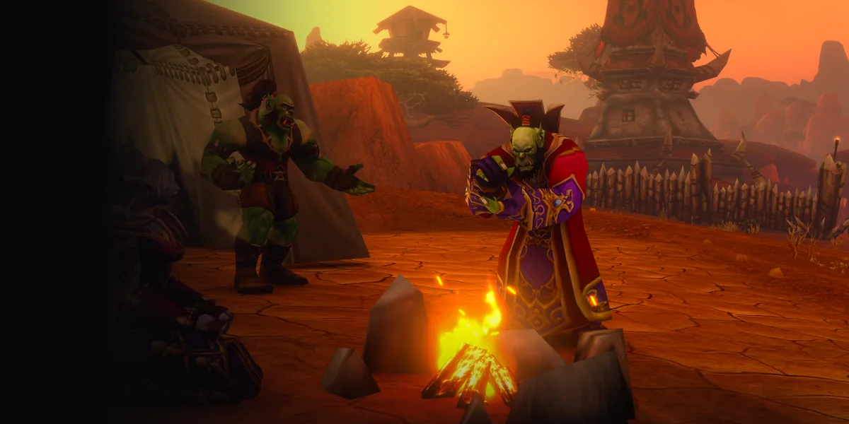 Two orcs talk by a campfire in Durotar, WoW Forever