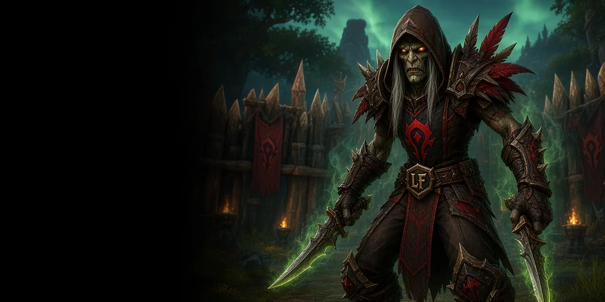 An undead rogue with two blades before Horde banners, WoW Forever