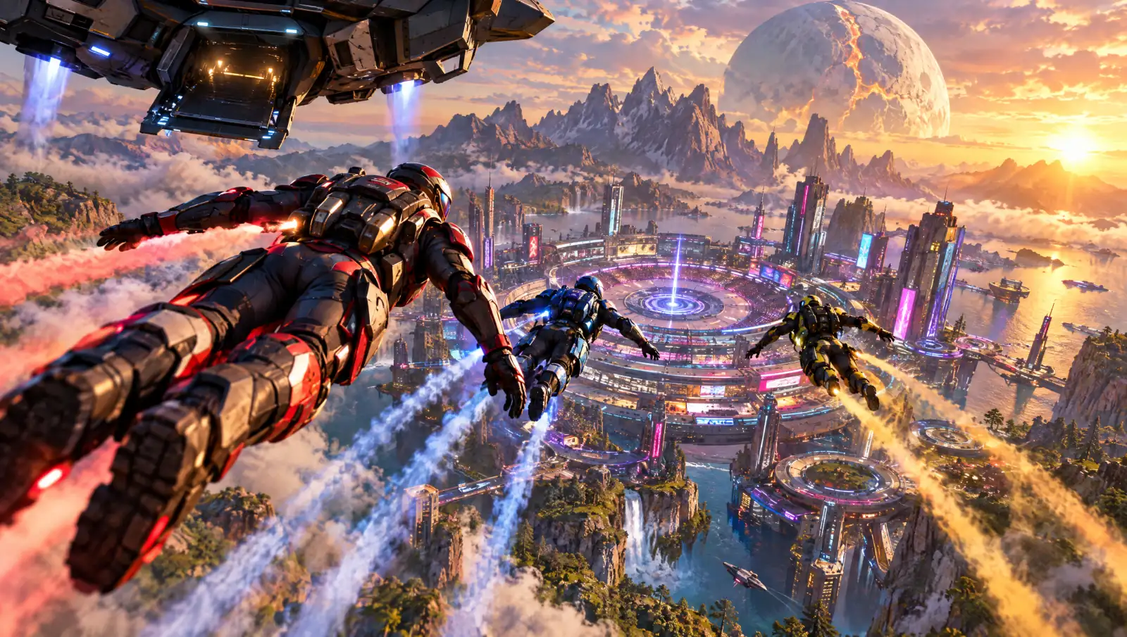 Three armored competitors dive from a dropship toward a neon arena city at golden hour