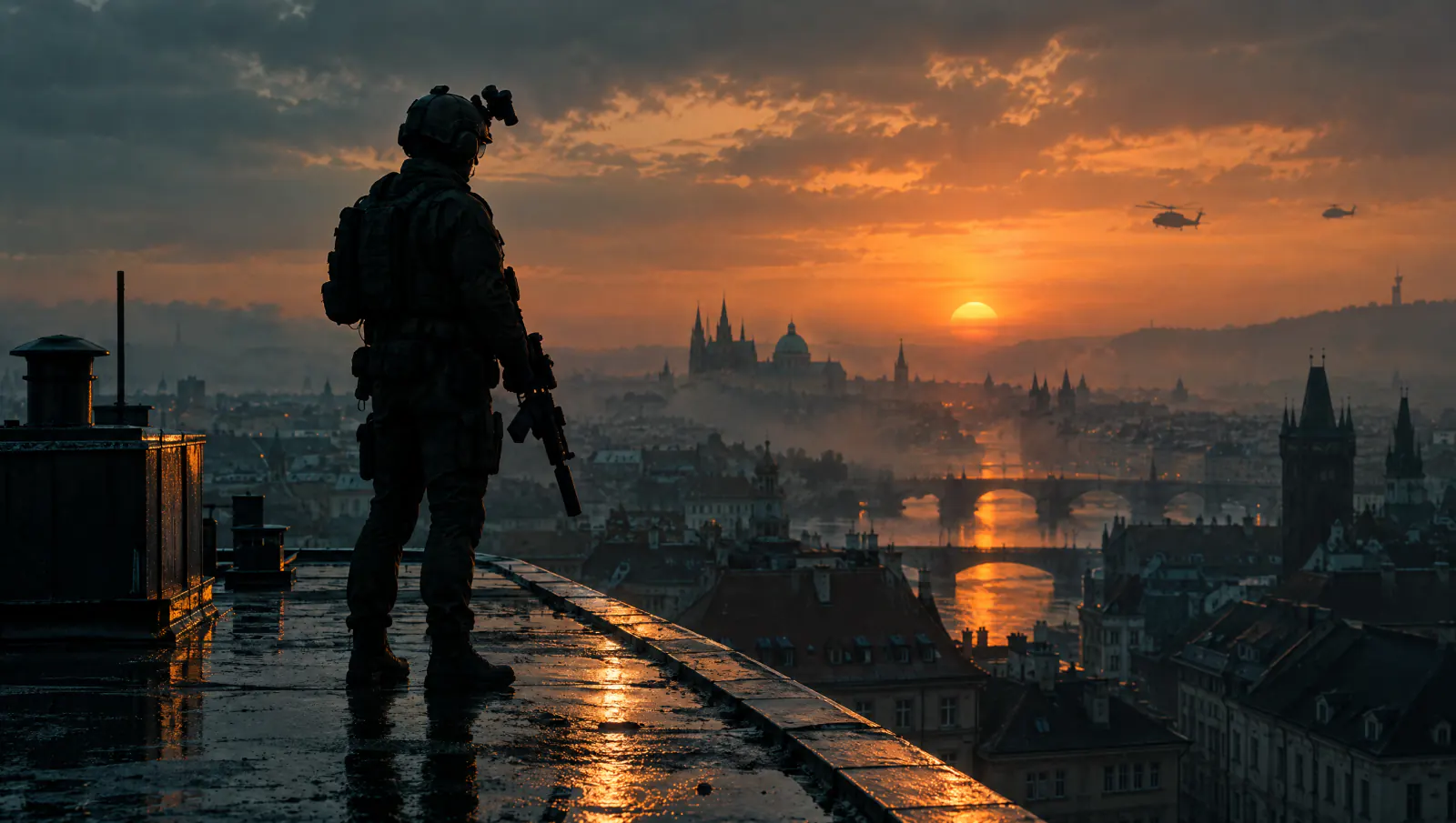 A lone operator on a rain-slick rooftop watches the sunrise over a European city