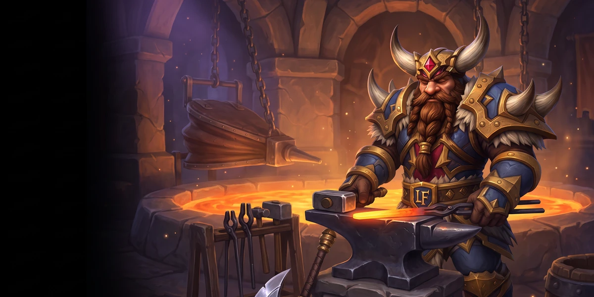 A dwarf blacksmith at his anvil, WoW Forever
